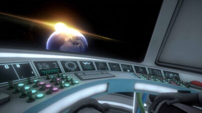Raumschiff Cockpit mit Blickauf die Erde